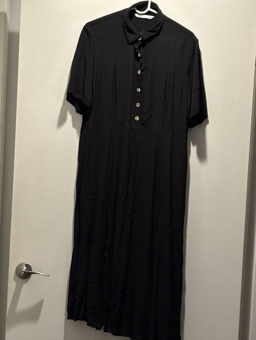 Zara Black Short-Sleeve Button-Front Midi Polo Dress